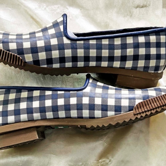 RAIN SHOES, RUBBER, LADIES SZ 8, WATERPROOF, NAVY GINGHAM, BY COUGAR, NEW NEVER - Picture 6 of 11